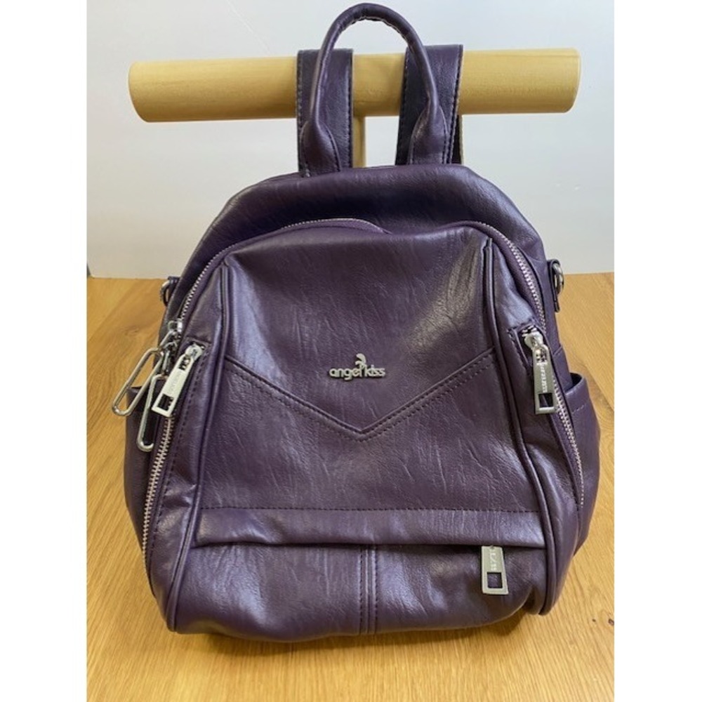 AngelKiss Faux Leather Backpack Purple Shoulder Bag Purse Silver Hardware Pocket